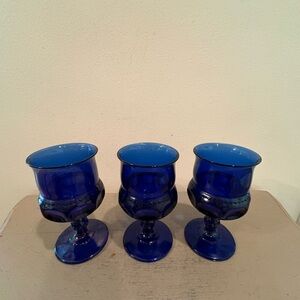 Three VTG Indiana Glass Cobalt Blue Goblet Glasses